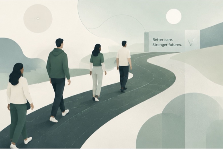 Alumni walking a winding path together toward a sign reading better care, stronger futures