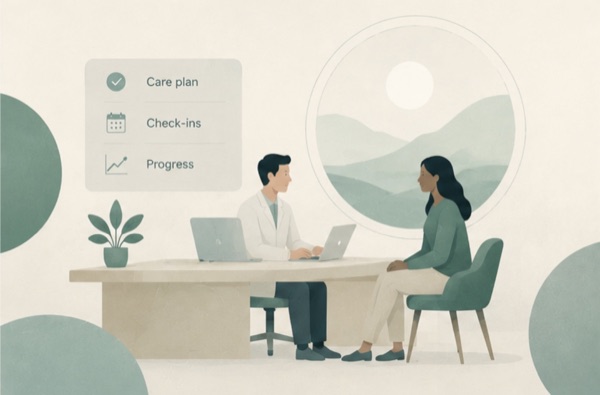 A care coordinator and a patient at a desk, working through a care plan with check-ins and progress tracked